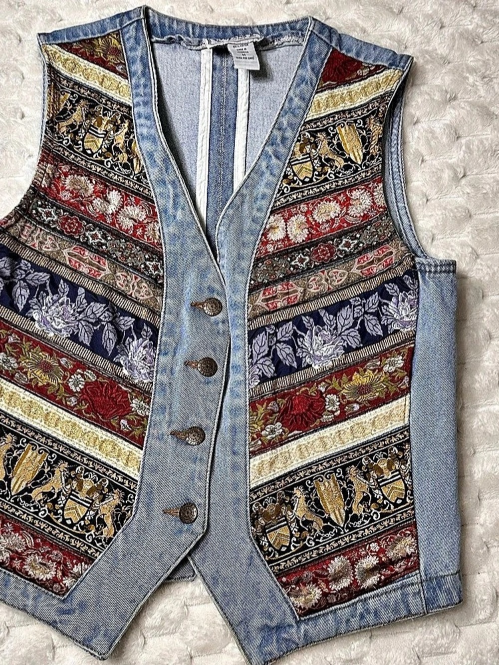 Limited Jeans Western Boho Vintage Tapestry Ribbon Patchwork Denim Vest Medium